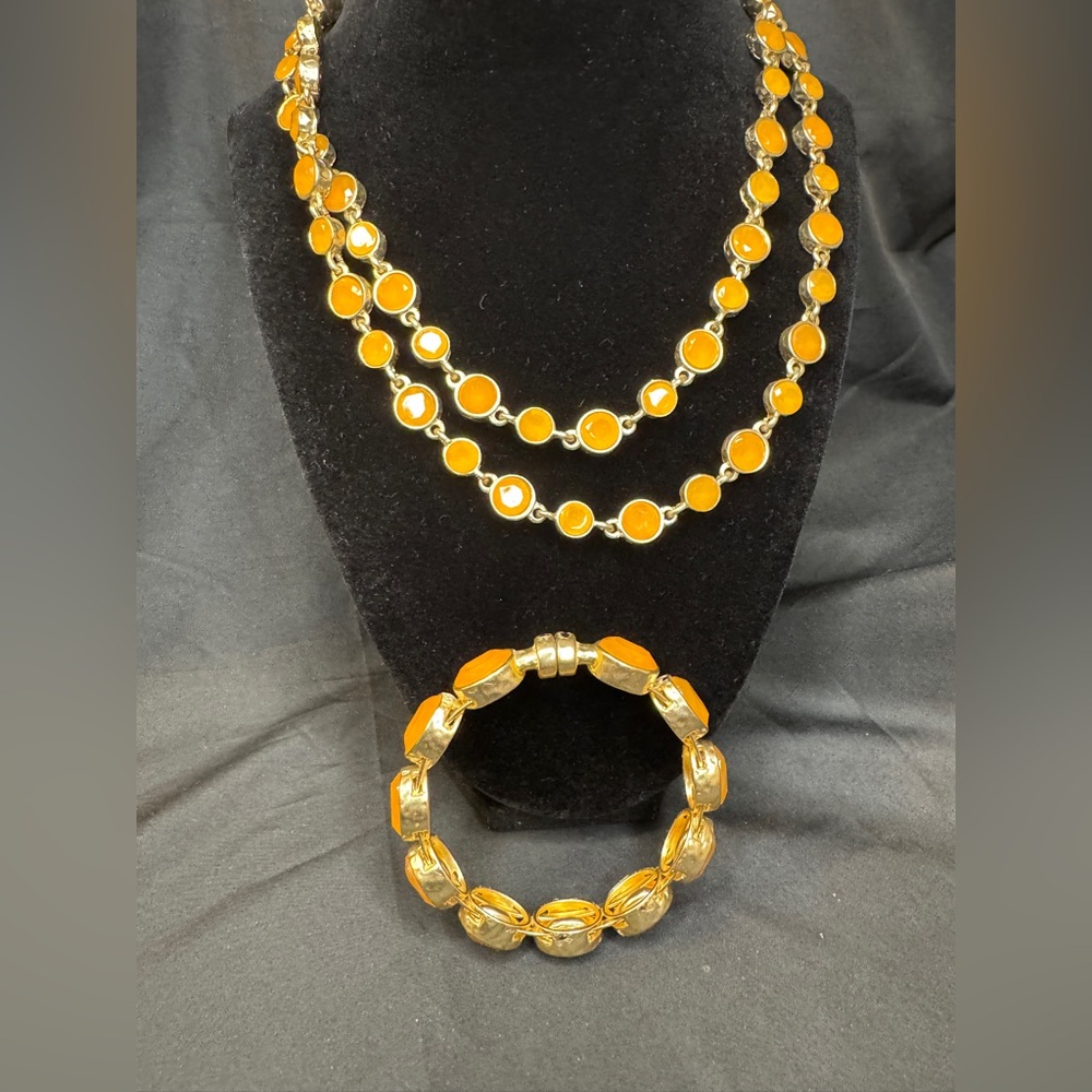 Chico’s Bundle Orange Rhinestone & Goldtone Necklace & Bracelet